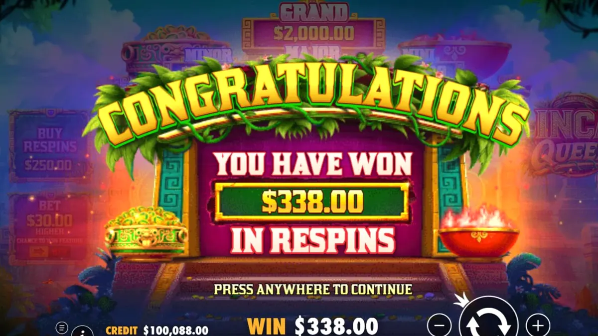 Pemandangan kuil kuno dalam slot Inca Queen dengan simbol koin emas.